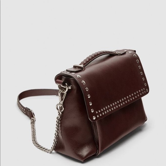 ZARA Studded Leather Burgundy Crossbody Bag - Picture 4 of 12